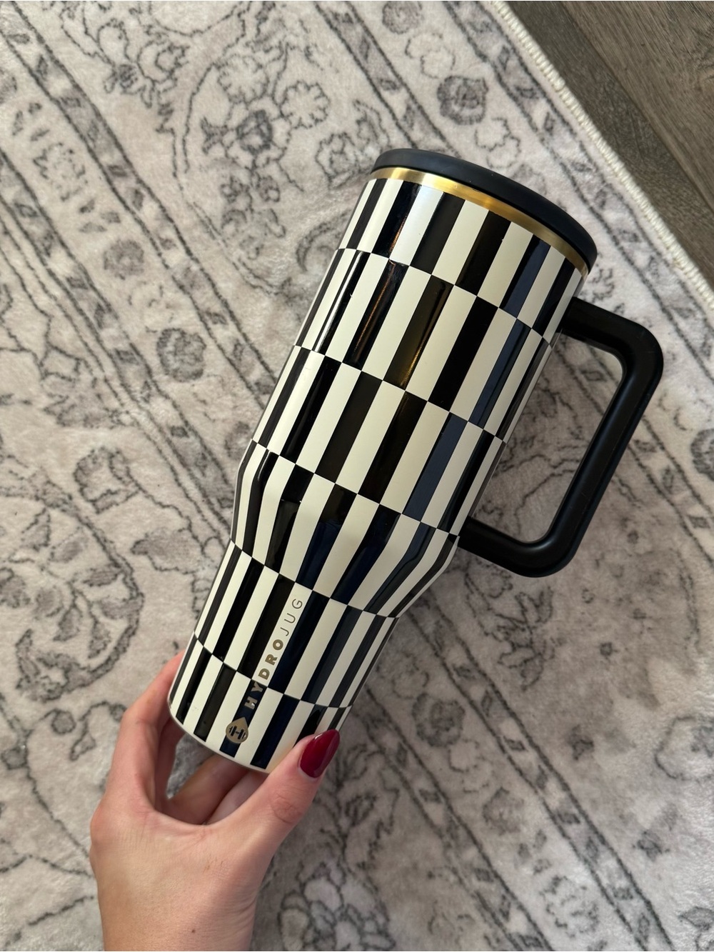 HydroJug Black Tie Black White & Gold Checkered Tumbler with Handle 32oz